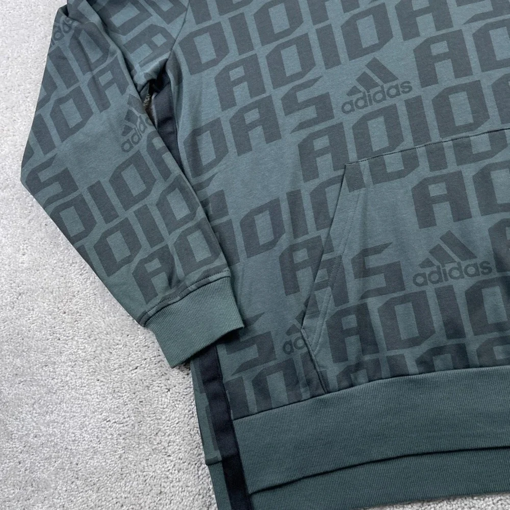 Adidas Hoodie Mens Medium Grey Logo AOP French Terry‎ Pullover Sweatshirt